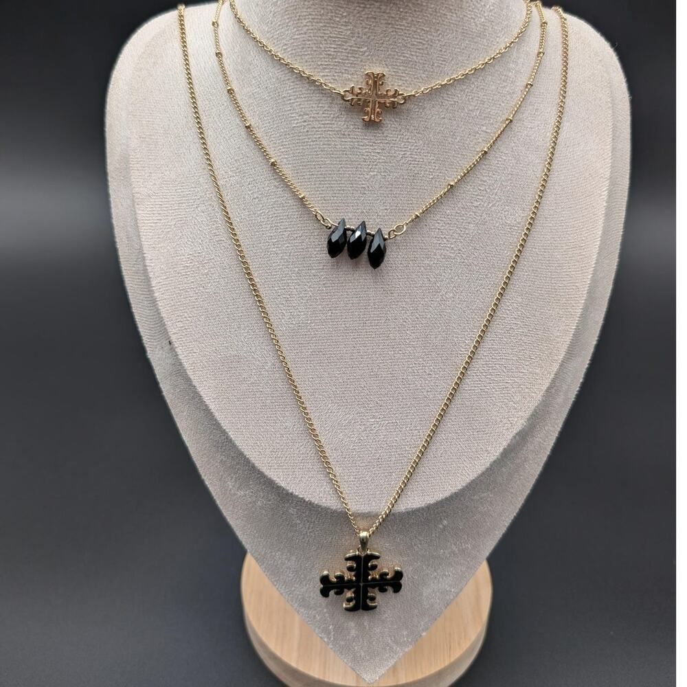 Isis Creative Layered Necklace Earring Set Cross Drop Black Gold Tone 16" Women